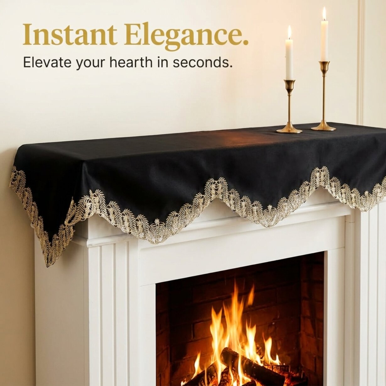 Black Gold Mantel Scarf – Rustic Vintage Fireplace Decor, 18x90 Inch Table Protector