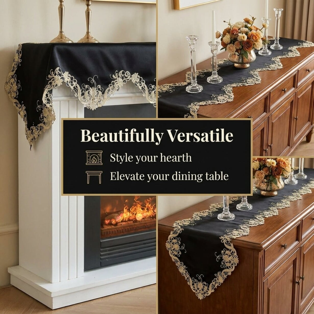 Black Gold Mantel Scarf – Golden Night, 18x90 Inch