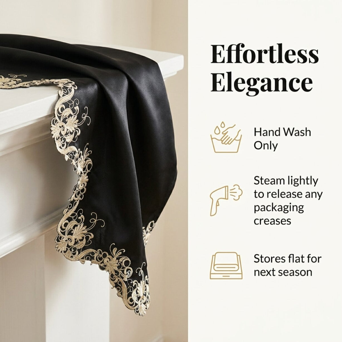 Black Gold Mantel Scarf – Golden Night, 18x90 Inch