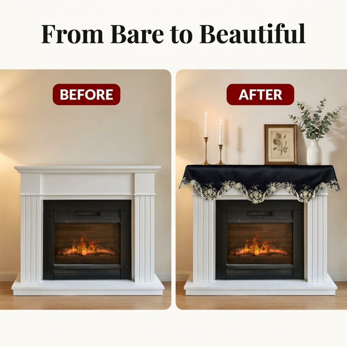 Black Gold Mantel Scarf – Golden Night, 18x90 Inch