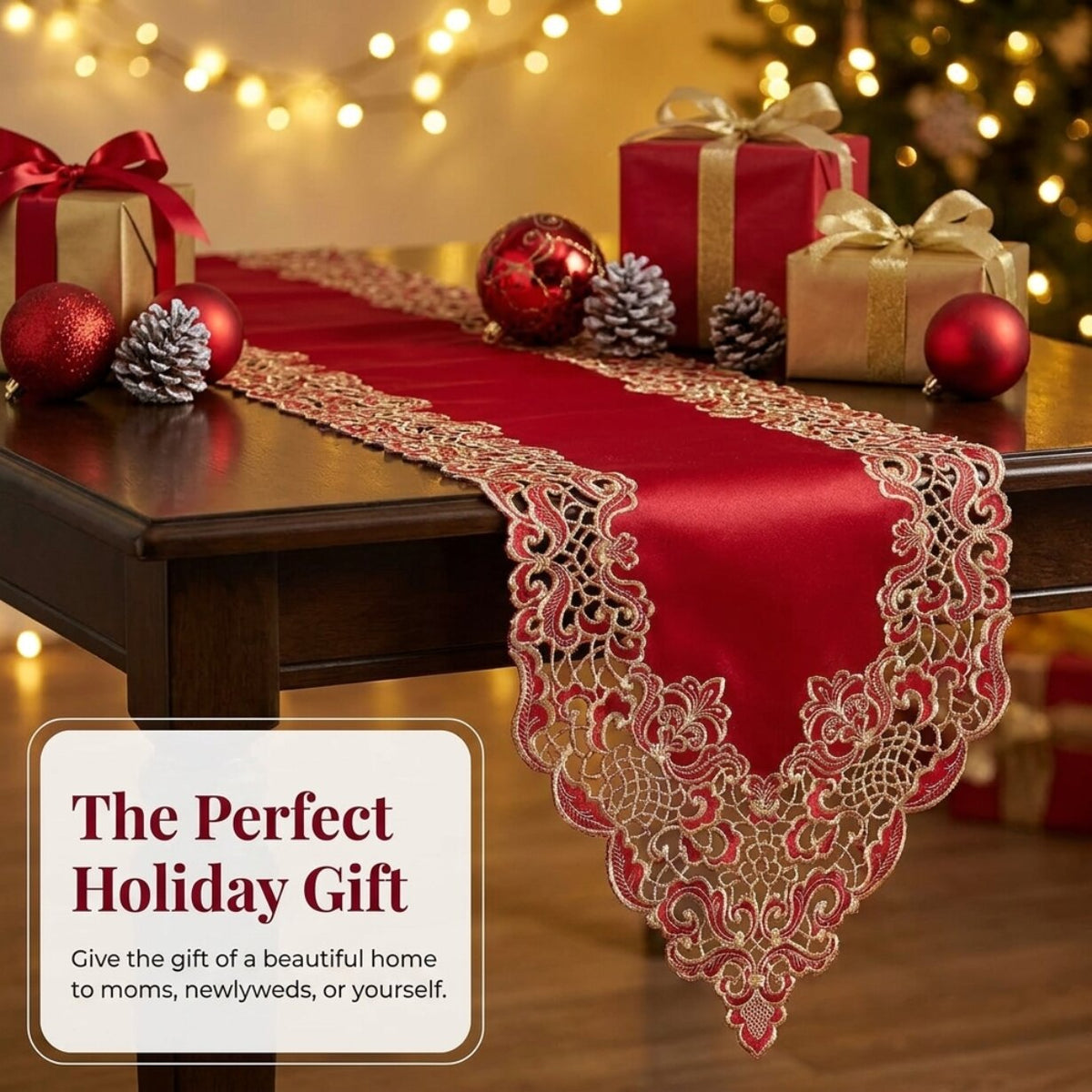 Burgundy Gold Table Runner – Crimson Glow, 14x108 Inch
