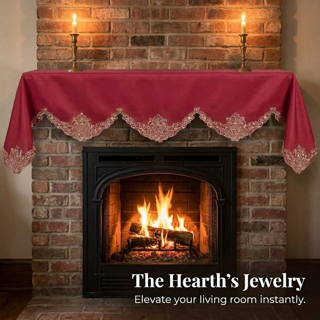 Burgundy Gold Mantel Scarf – Rustic Fireplace Decor, Vintage Table Linen 18x90 Inch