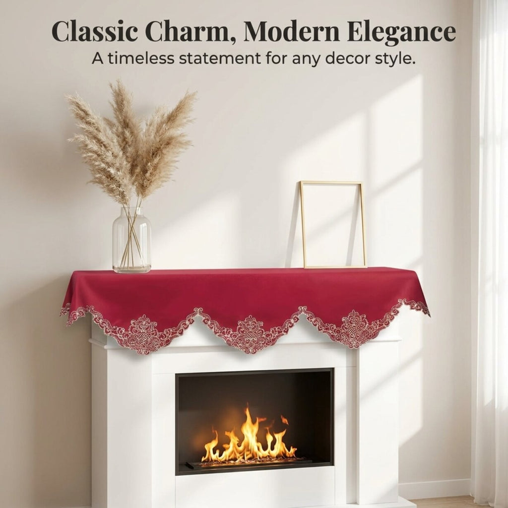Burgundy Gold Mantel Scarf – Rustic Fireplace Decor, Vintage Table Linen 18x90 Inch