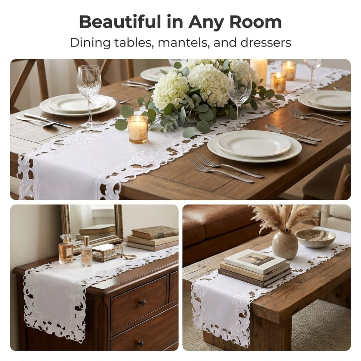 White Table Runner – Snow Blossom, 14x108 Inch