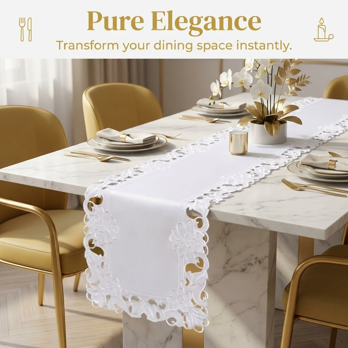White Table Runner – Snow Blossom, 14x108 Inch