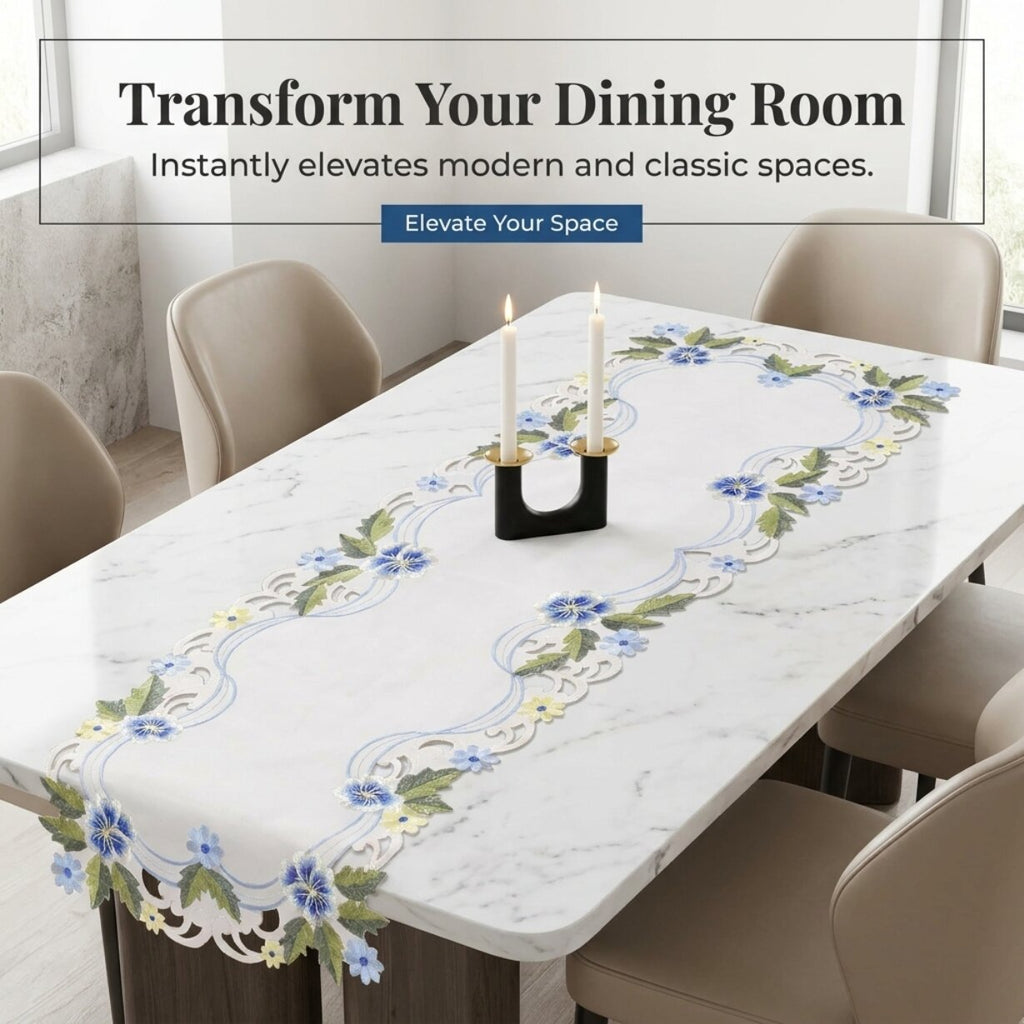 Blue Green Lace Table Runner – European Embroidered Polyester Fabric Decor 14x108 Inch