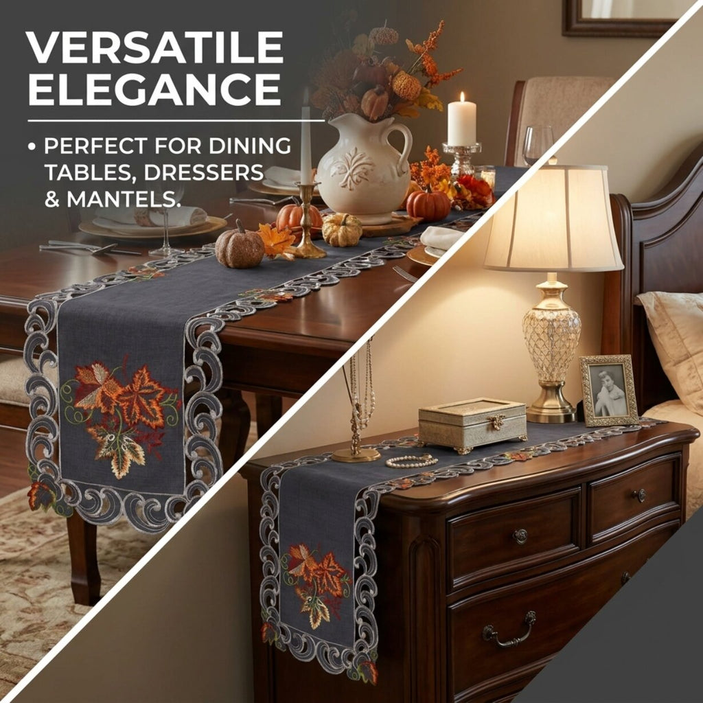 Charcoal Gray Table Runner – Embroidered Fleur Collection, 14x108 Inch Polyester Accent