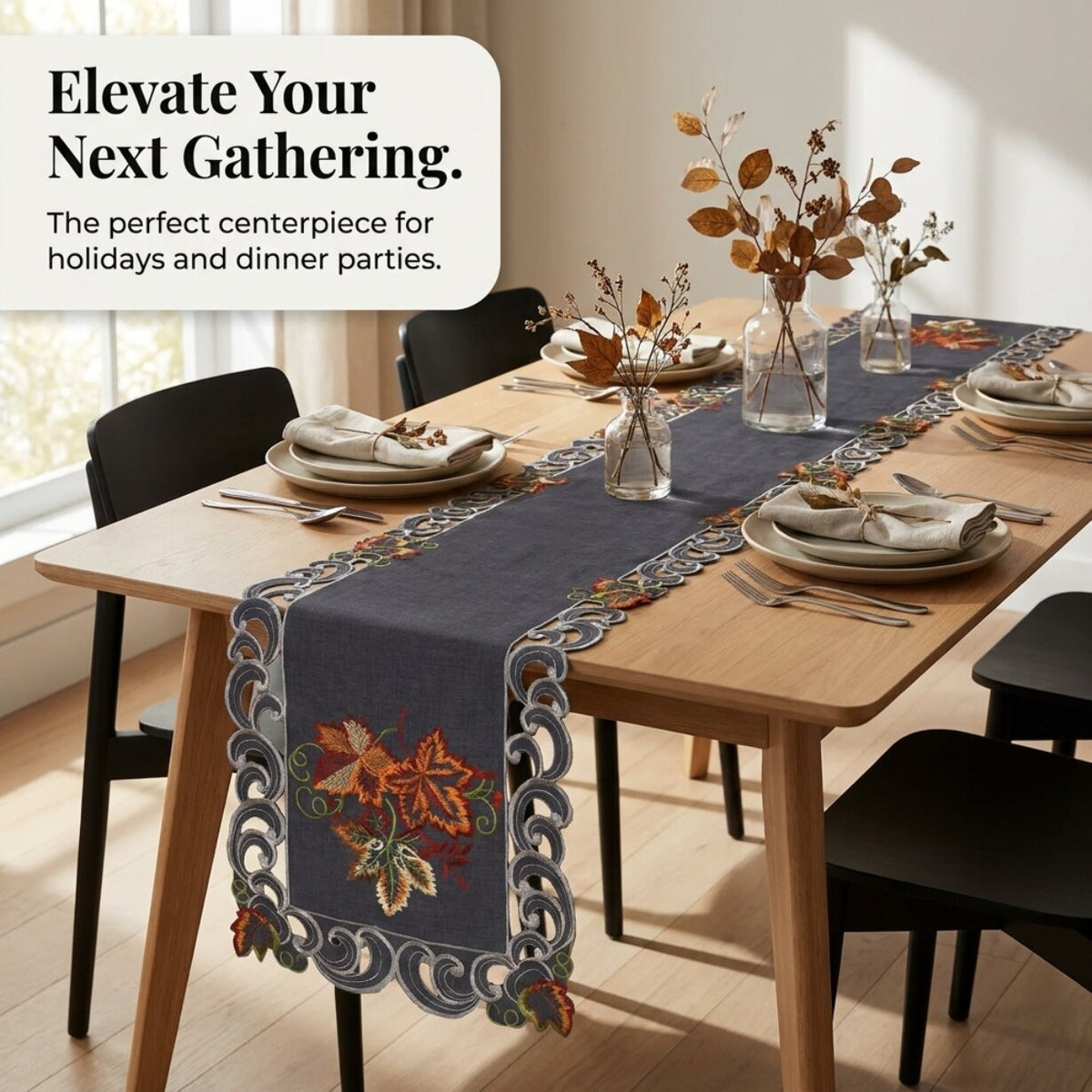 Gray Table Runner – Fleur, 14x108 Inch