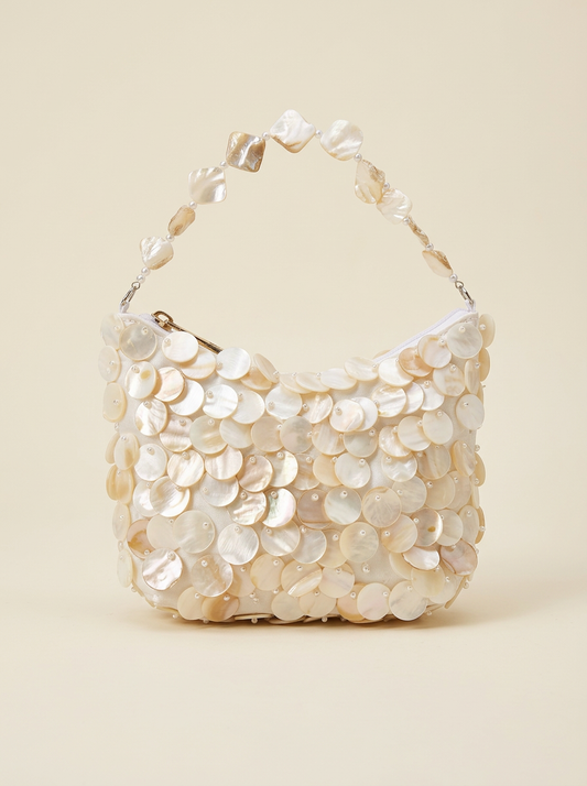 Luxe Handcrafted Mother-of-Pearl Disc Clutch for Special Occasions & Summer Vacations