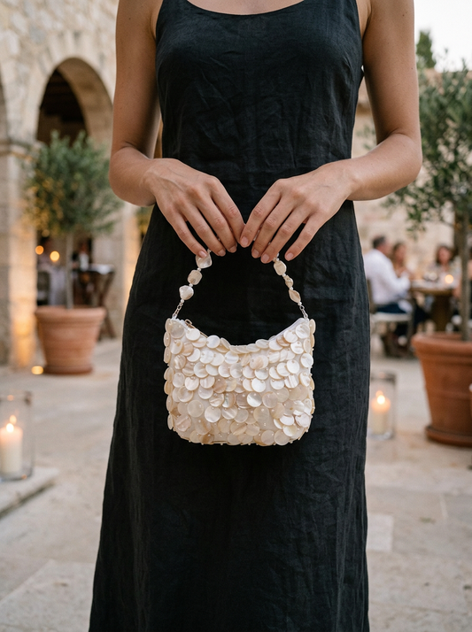Luxe Handcrafted Mother-of-Pearl Disc Clutch for Special Occasions & Summer Vacations
