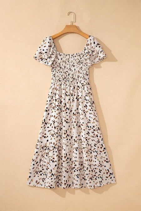 Beige Ditsy Floral Print Smocked Square Neck Ruffle Short Sleeve Dress