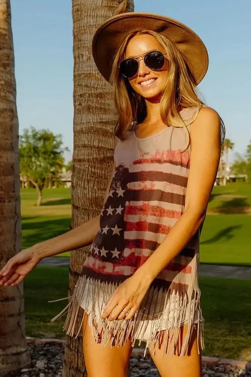 BiBi American Flag Top Knit Sleeveless Top for Patriotic Style