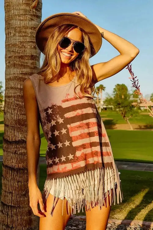 BiBi American Flag Top Knit Sleeveless Top for Patriotic Style