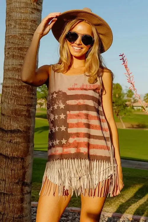 BiBi American Flag Top Knit Sleeveless Top for Patriotic Style