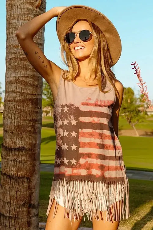 BiBi American Flag Top Knit Sleeveless Top for Patriotic Style
