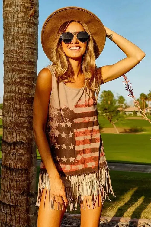 BiBi American Flag Top Knit Sleeveless Top for Patriotic Style