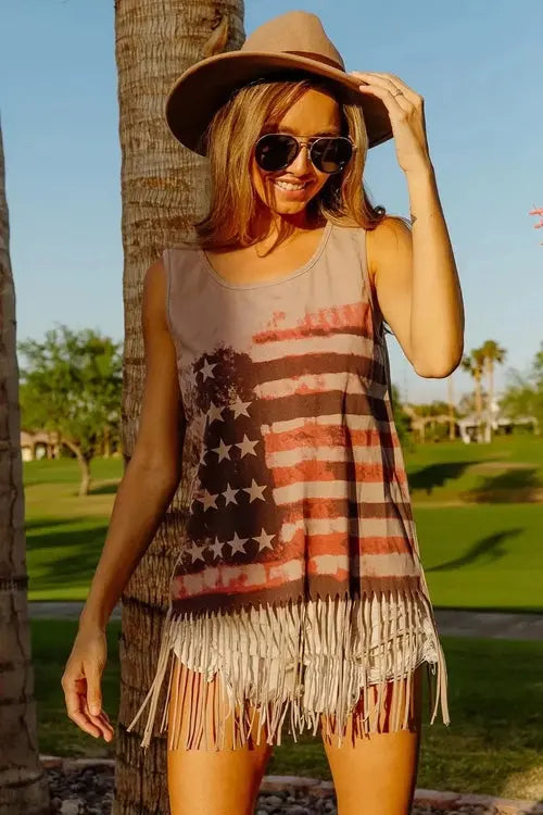 BiBi American Flag Top Knit Sleeveless Top for Patriotic Style