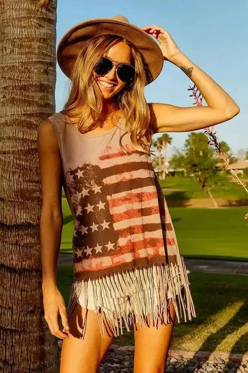 BiBi American Flag Top Knit Sleeveless Top for Patriotic Style