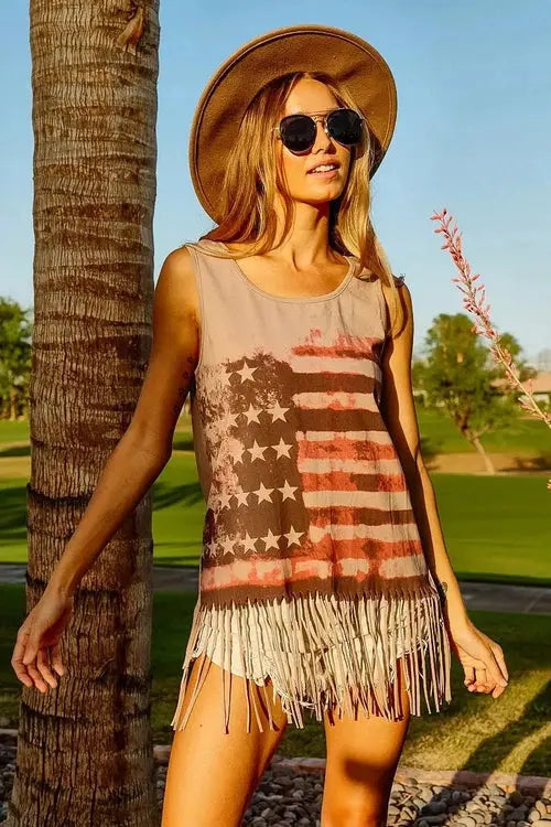BiBi American Flag Top Knit Sleeveless Top for Patriotic Style