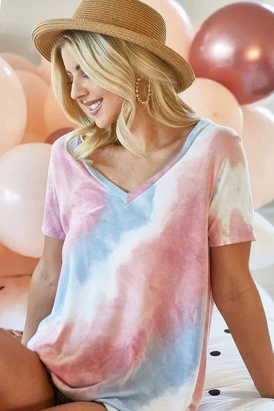 BiBi Tie Dye V Neck Top - Stylish French Terry Shirt for Comfortable Fashion