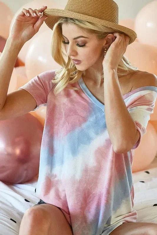 BiBi Tie Dye V Neck Top - Stylish French Terry Shirt for Comfortable Fashion