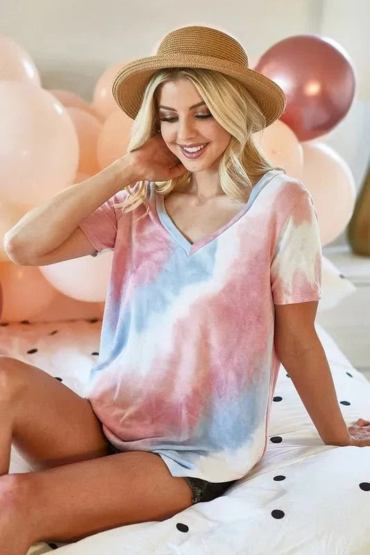 BiBi Tie Dye V Neck Top - Stylish French Terry Shirt for Comfortable Fashion
