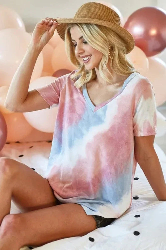 BiBi Tie Dye V Neck Top - Stylish French Terry Shirt for Comfortable Fashion