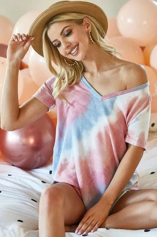 BiBi Tie Dye V Neck Top - Stylish French Terry Shirt for Comfortable Fashion