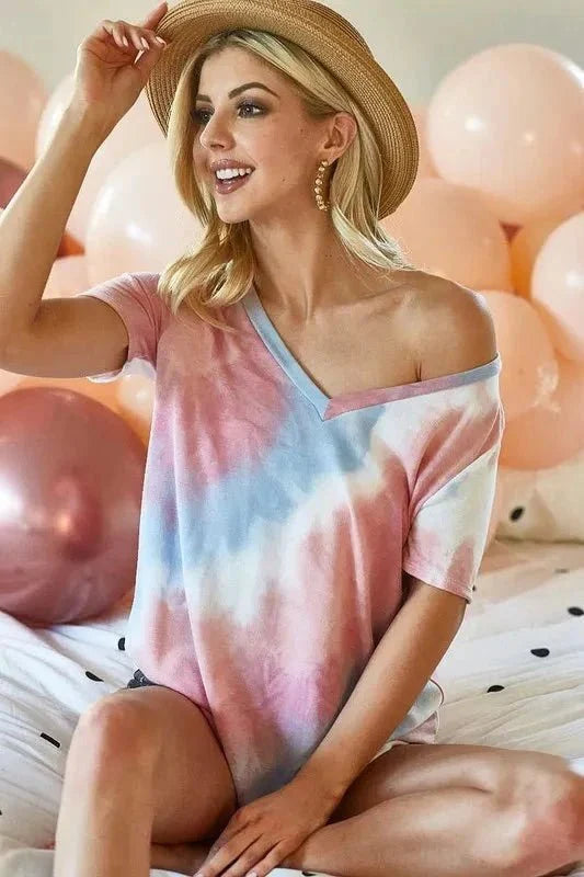 BiBi Tie Dye V Neck Top - Stylish French Terry Shirt for Comfortable Fashion