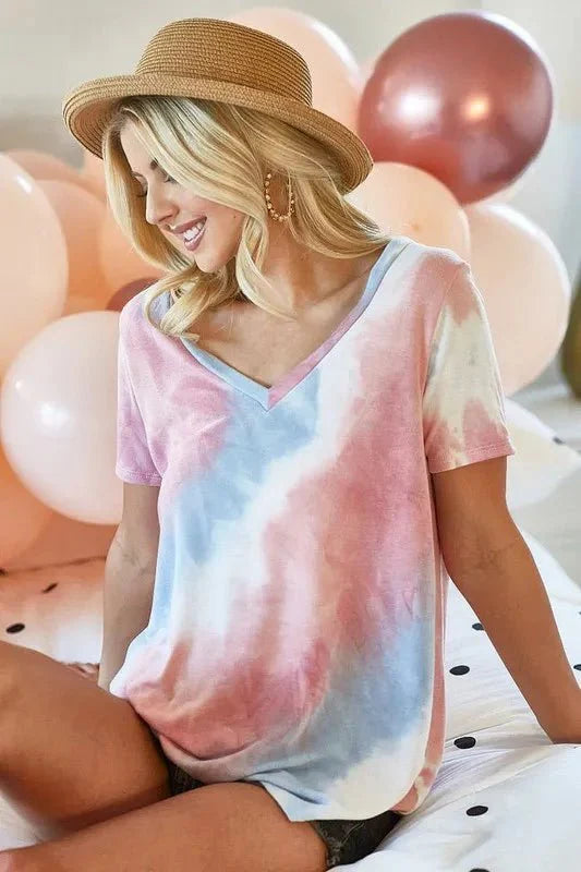 BiBi Tie Dye V Neck Top - Stylish French Terry Shirt for Comfortable Fashion