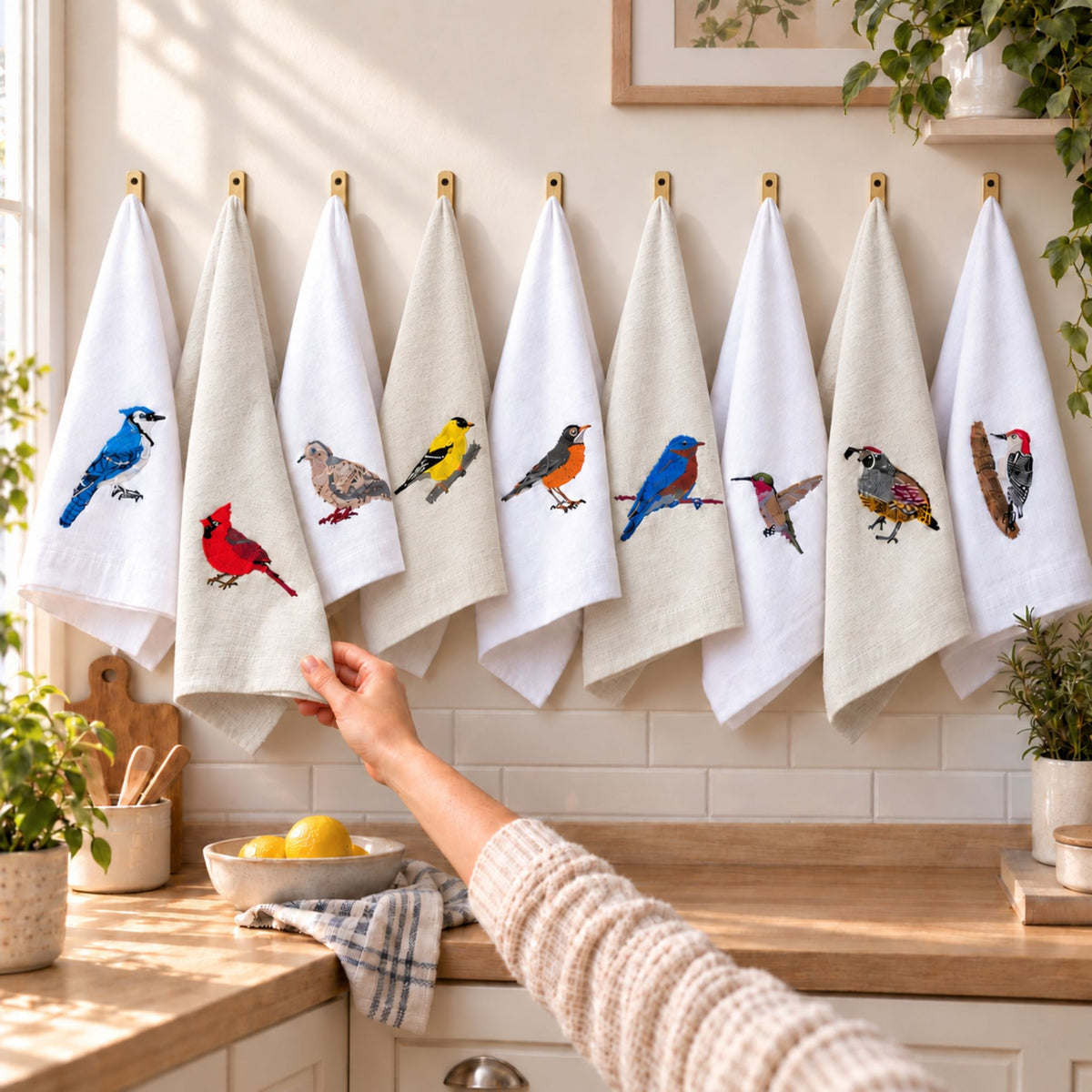 Bird Embroidered Cotton Tea Towels - Handmade Kitchen Gift