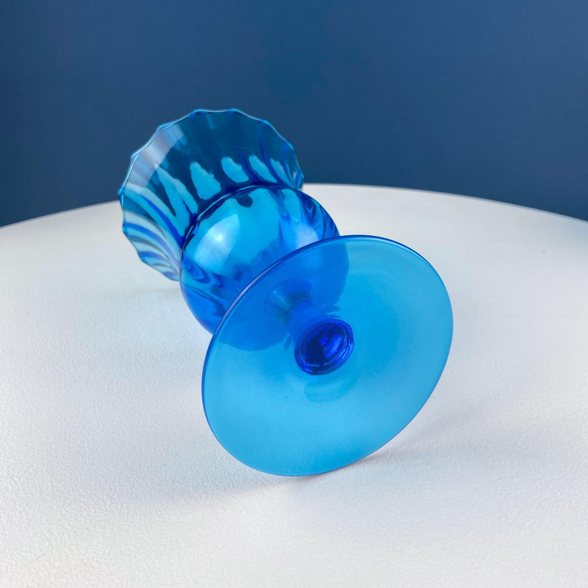 Blue Hand-Blown Glass Footed Vase. Large Goblet with Thumb Print Motif. Collectible Modern Glass. Home or Retail Decor. Interior Design Idea