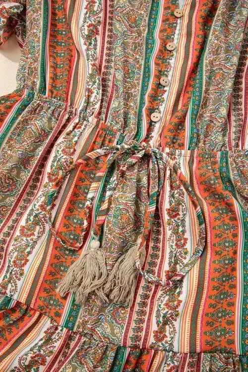 Bohemian Floral Dress with Buttoned V Neck and Ruffle Tiered Design