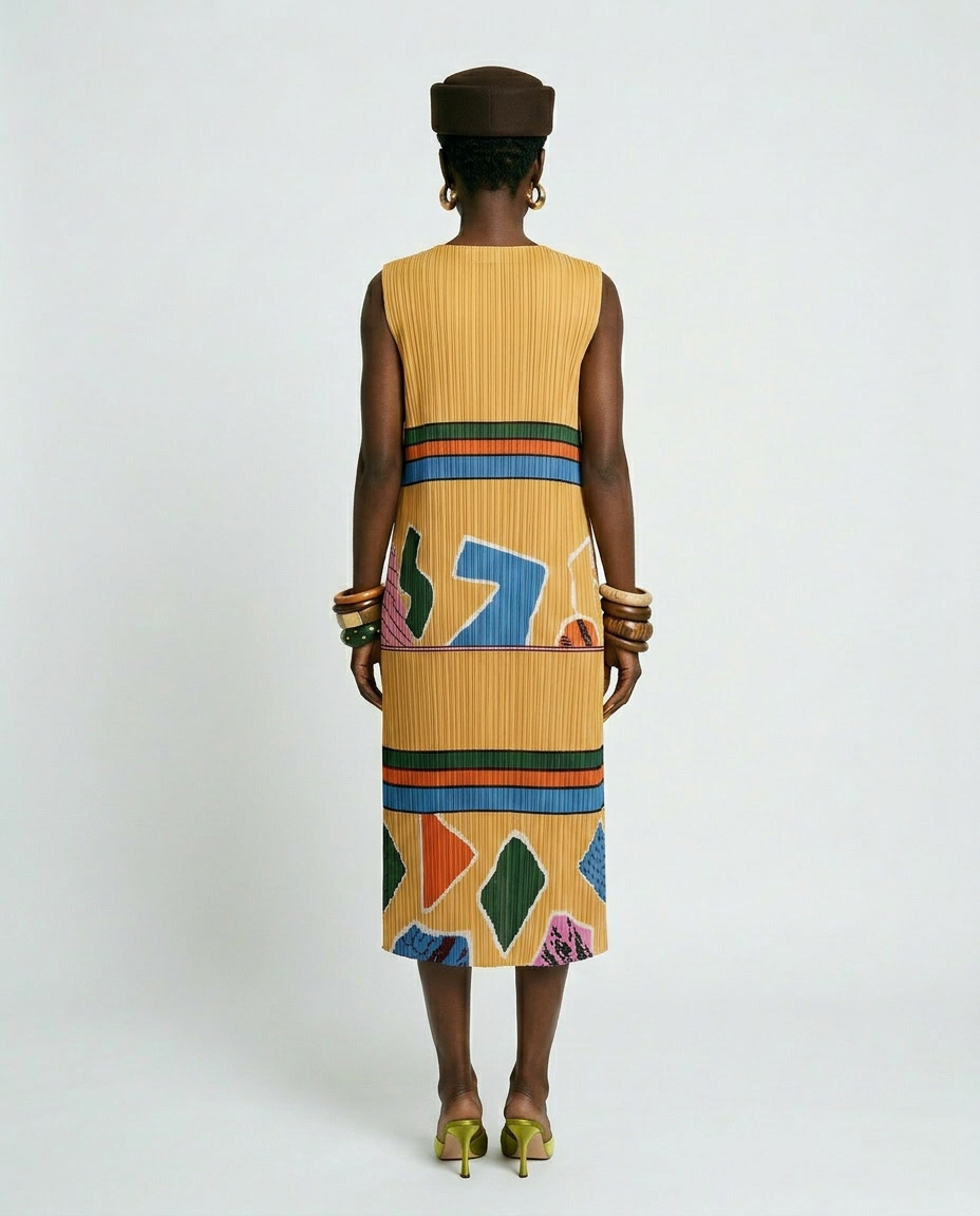 Vibrant Geometric Pleated Midi Dress