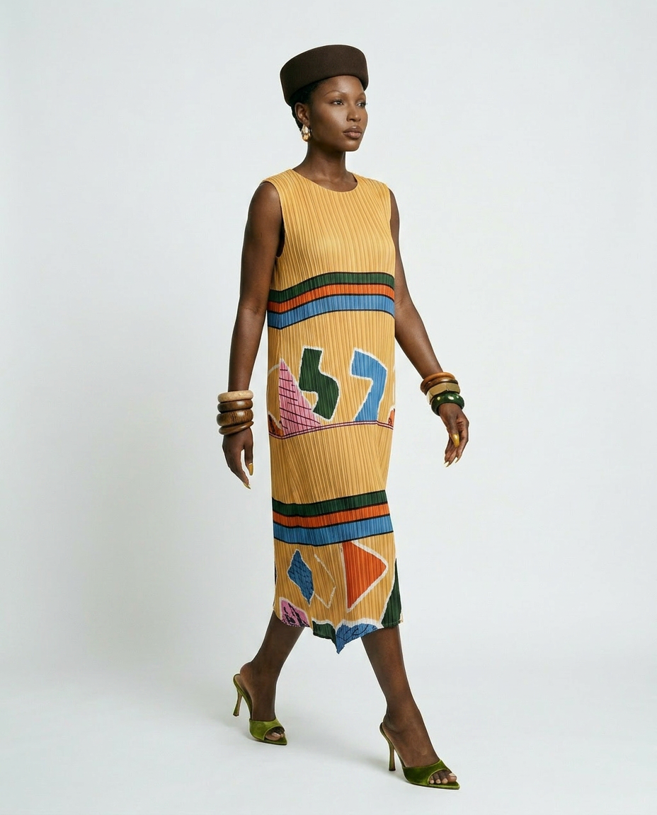 Vibrant Geometric Pleated Midi Dress