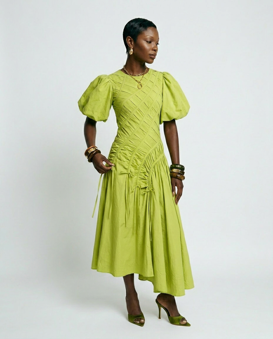 Vibrant Pleated Puff Sleeve Dress