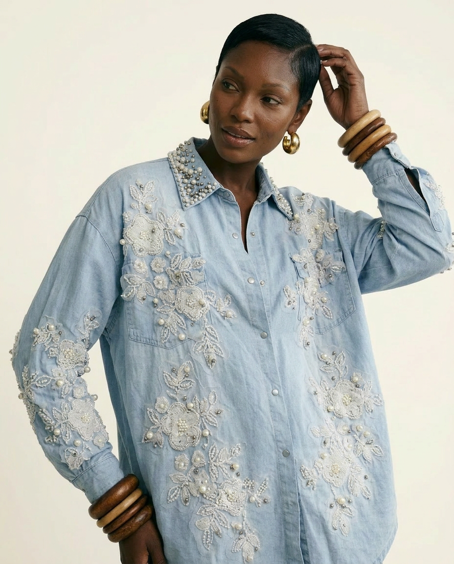 Divine Pearl Floral Denim Blouse