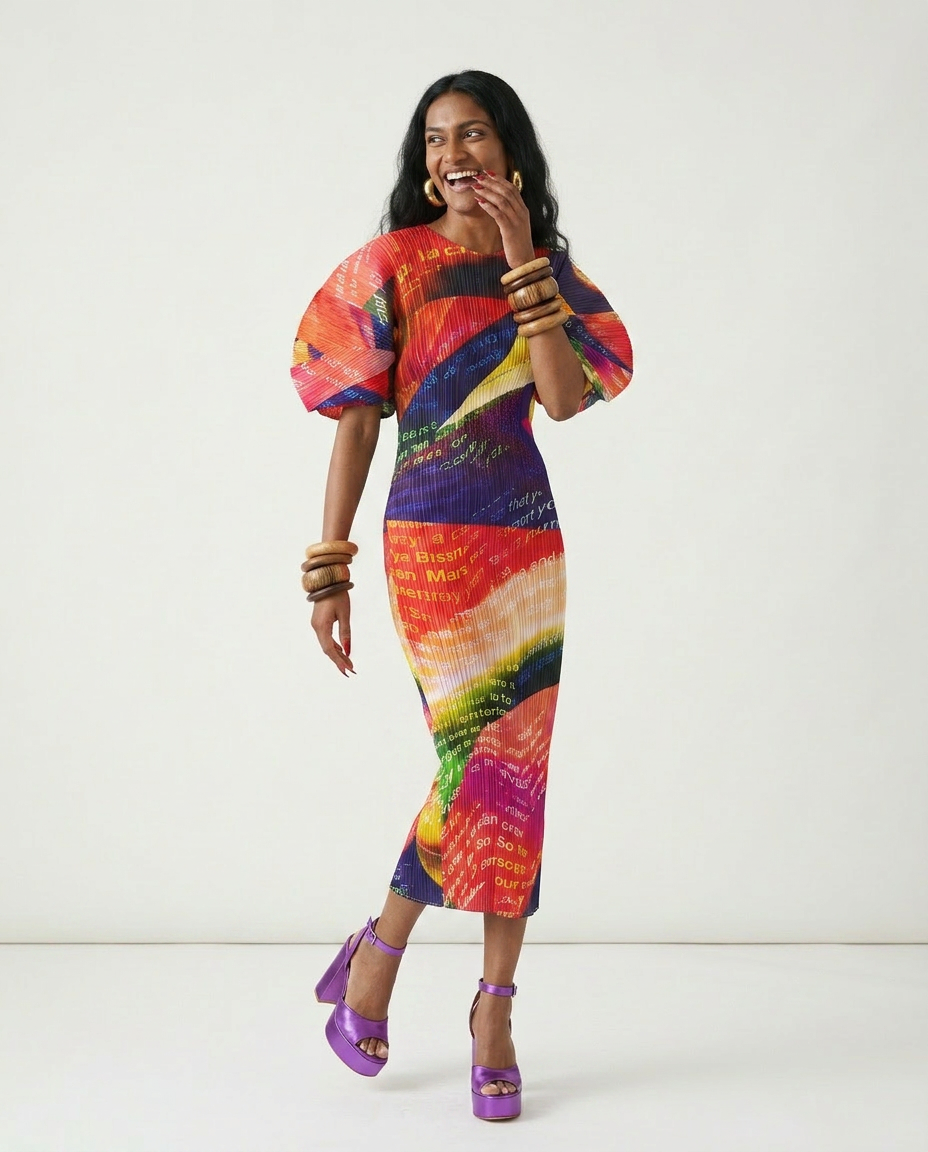 Vibrant Printed Pleated Maxi Dress