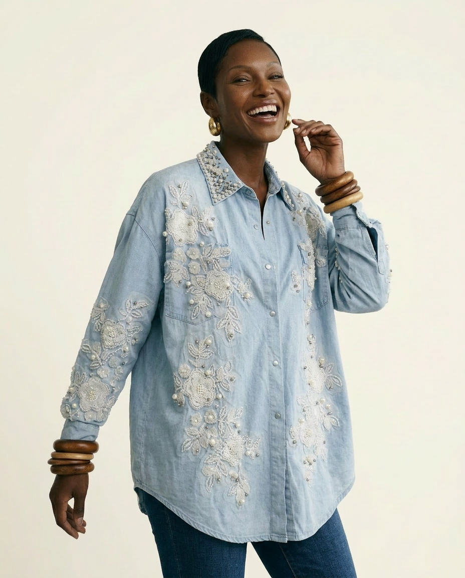 Divine Pearl Floral Denim Blouse