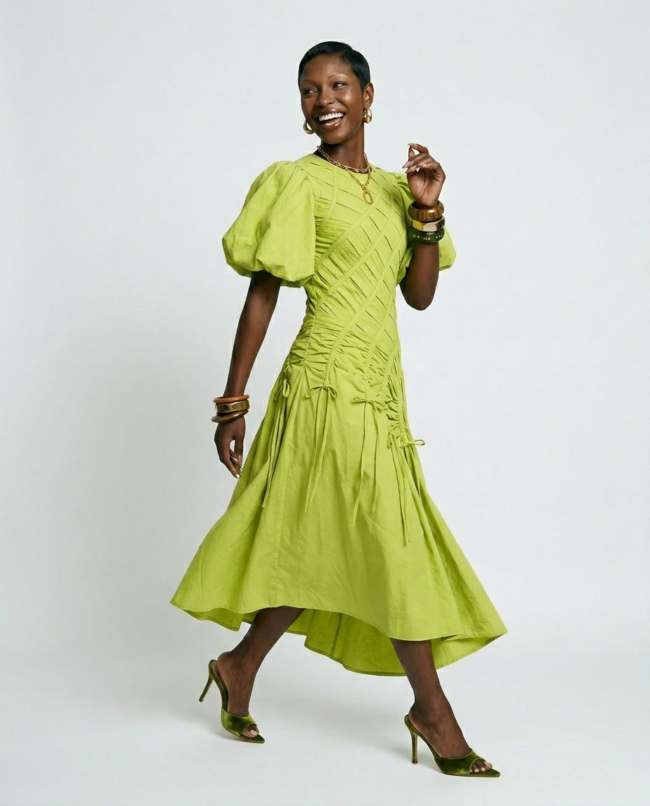 Vibrant Pleated Puff Sleeve Dress