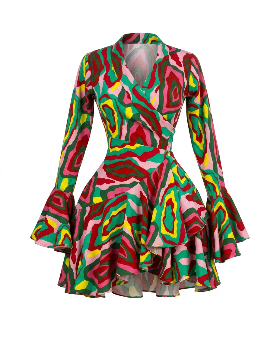 Vibrant Printed Ruffle Wrap Dress