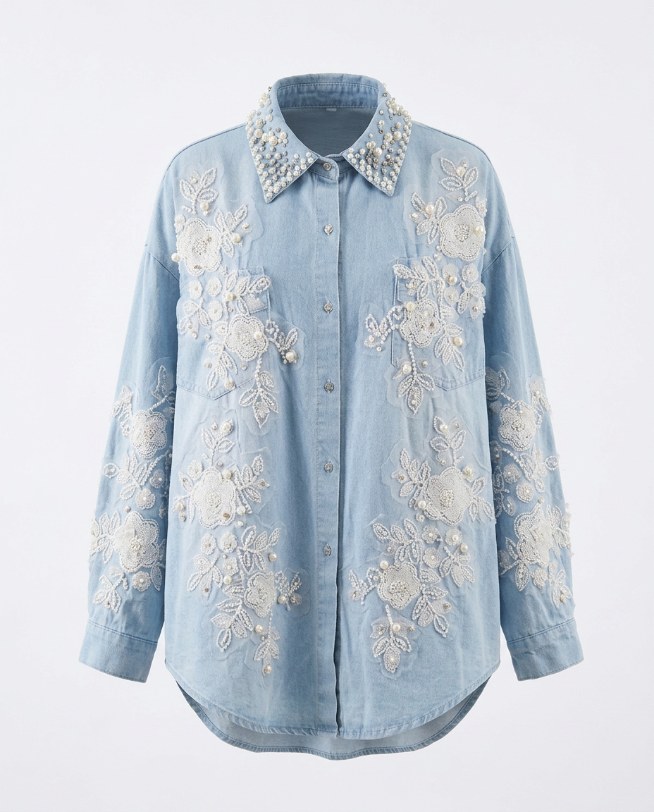 Divine Pearl Floral Denim Blouse