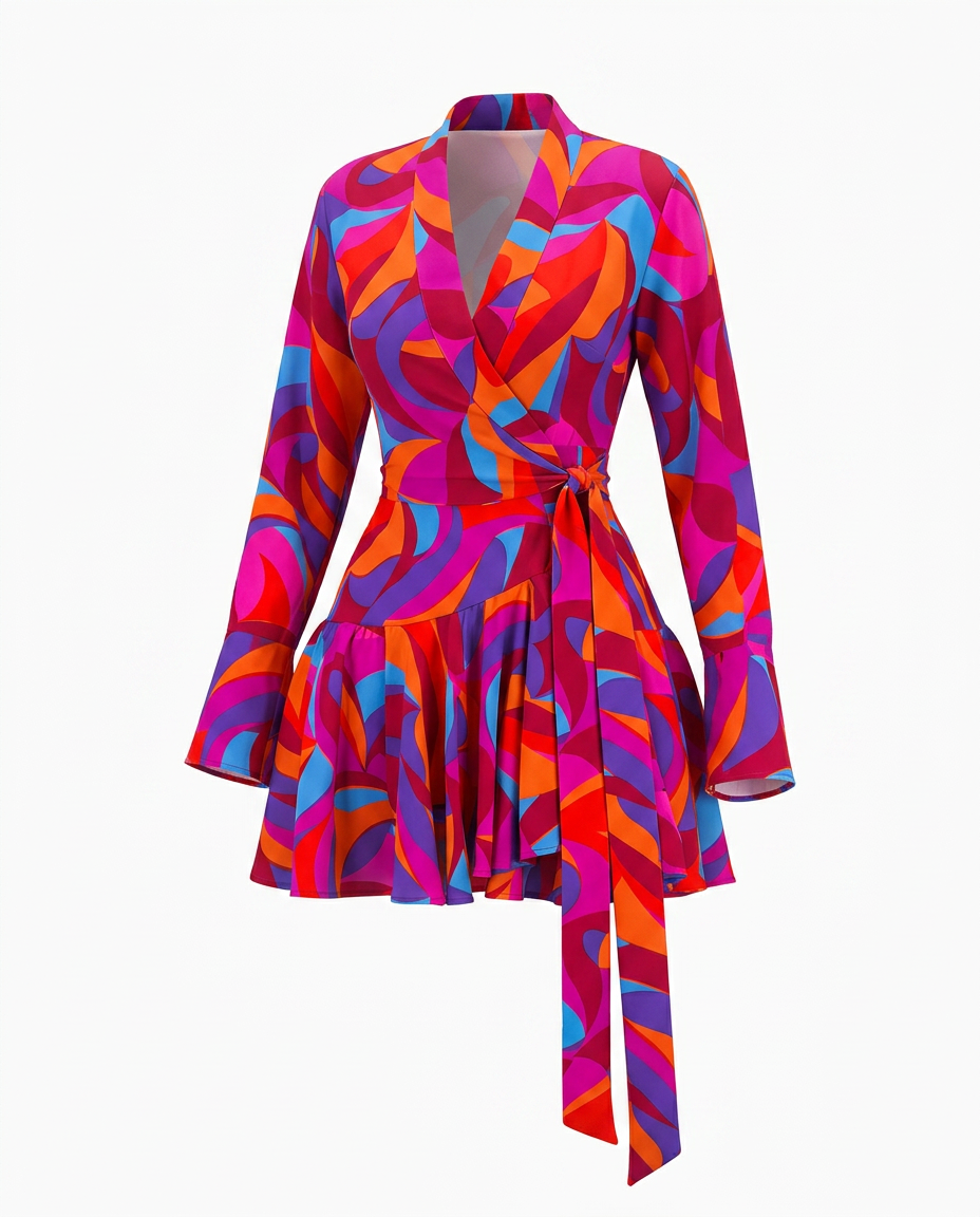 Vibrant Printed Ruffle Wrap Dress