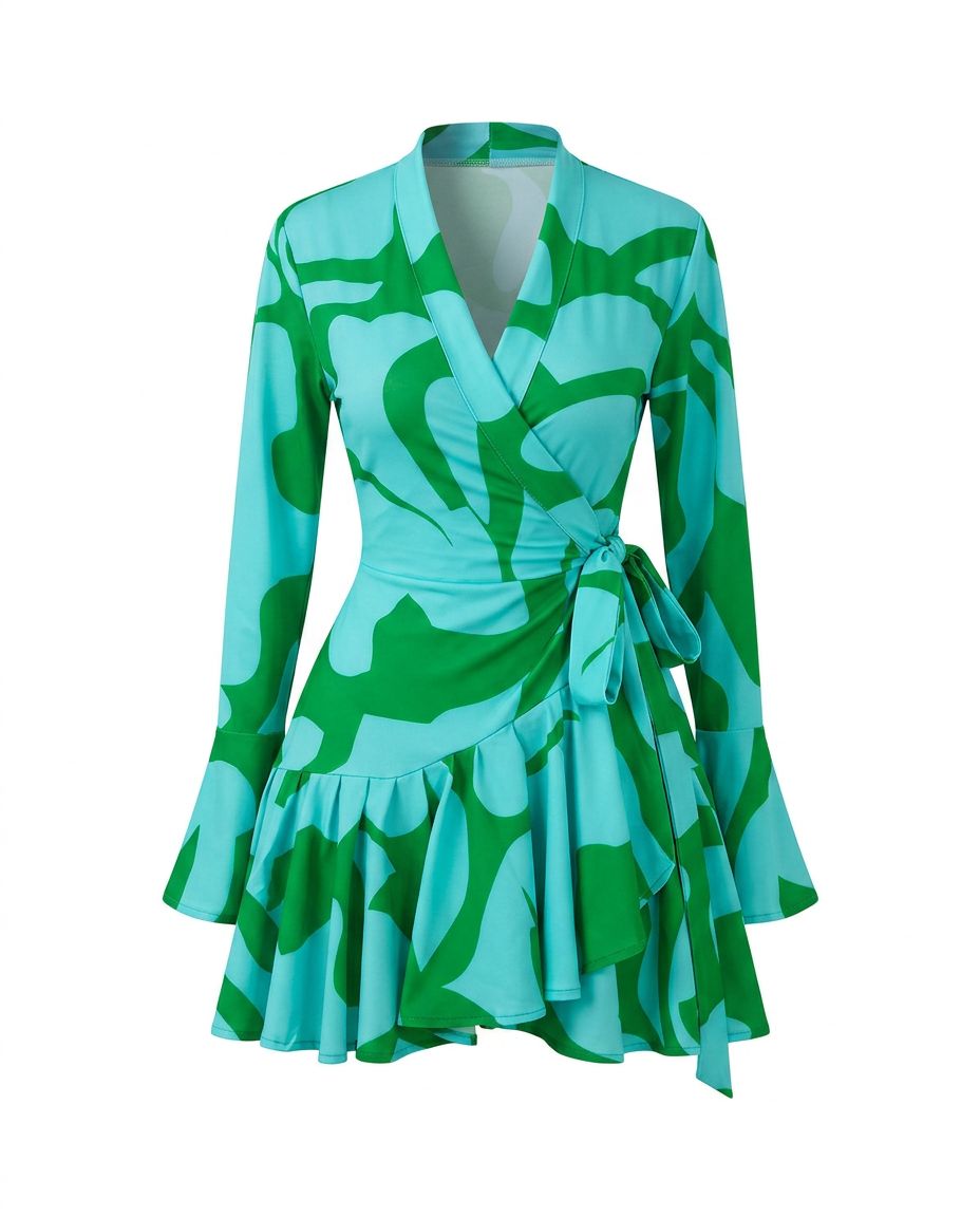 Vibrant Printed Ruffle Wrap Dress