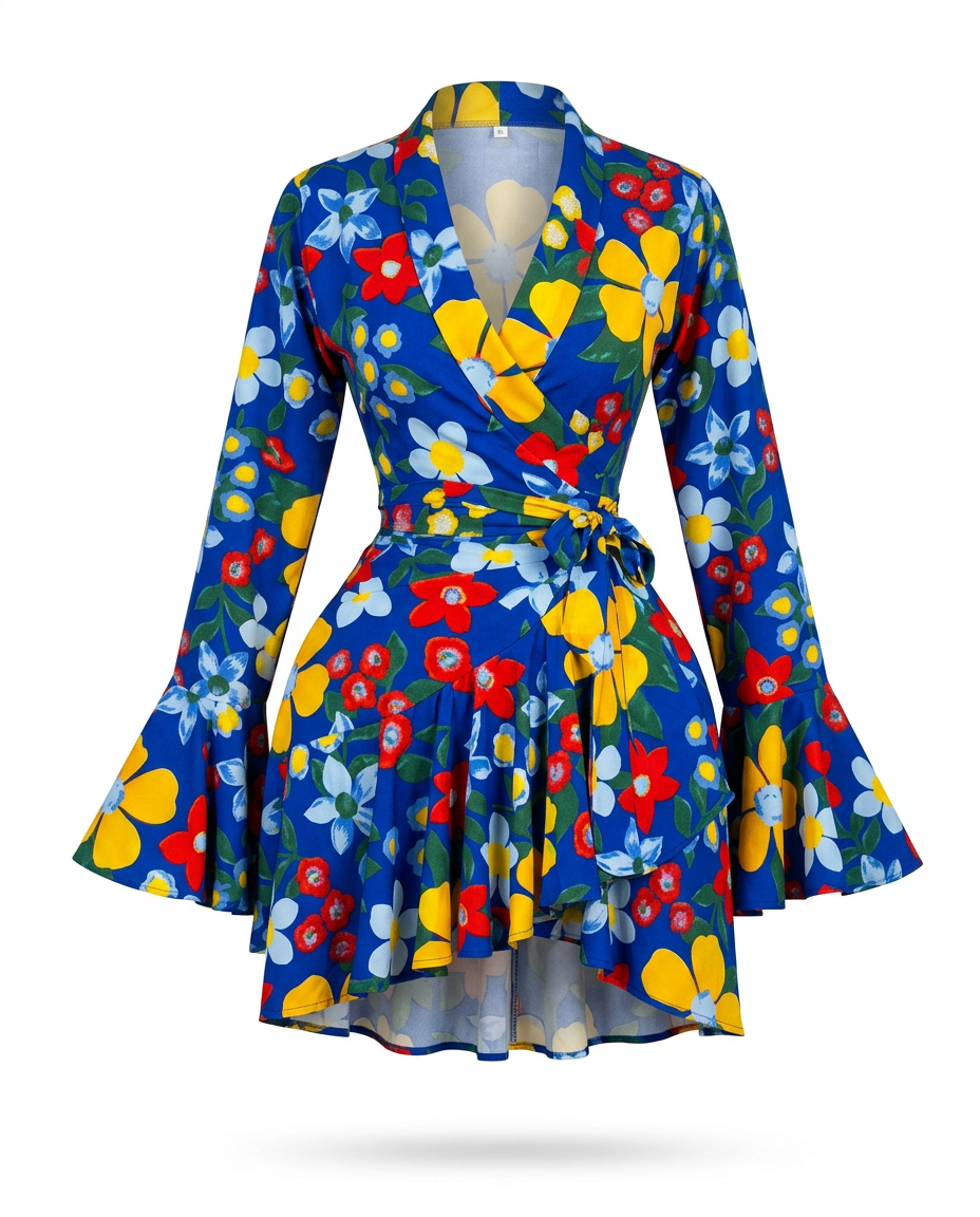 Vibrant Printed Ruffle Wrap Dress