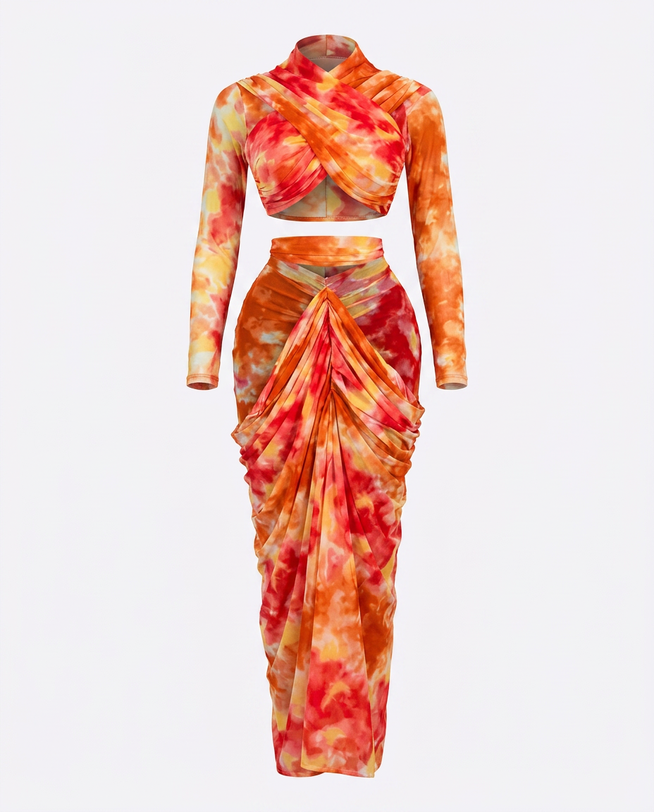 Vibrant Tie-Dye Ruched Maxi Set