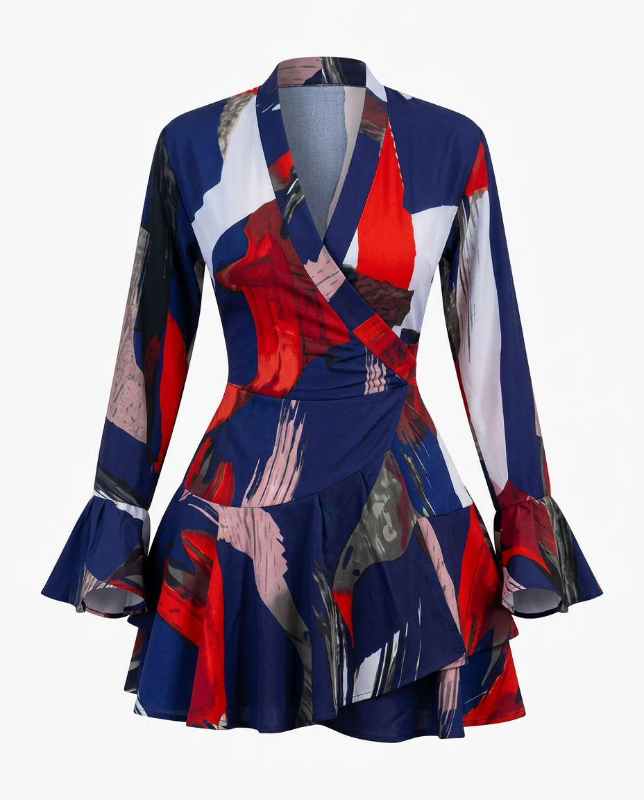Vibrant Printed Ruffle Wrap Dress
