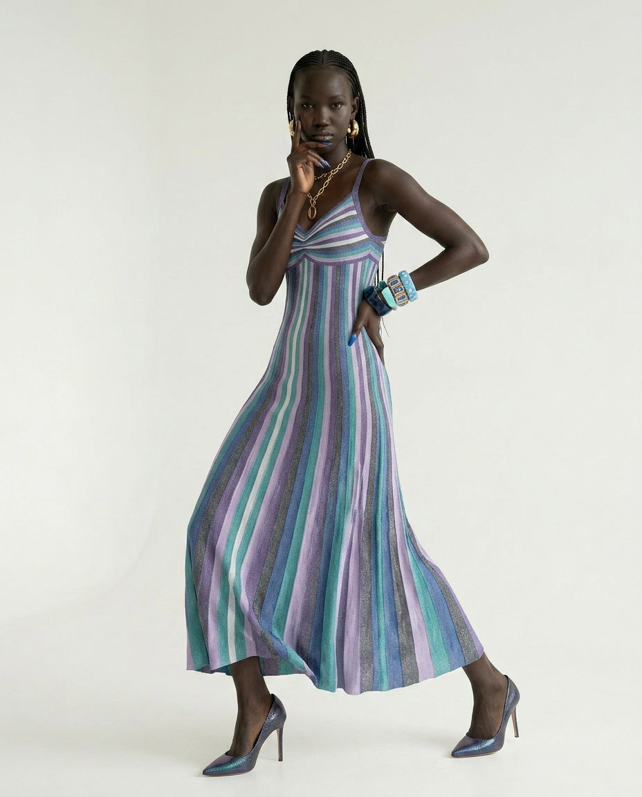Vibrant Striped Knit Midi Dress
