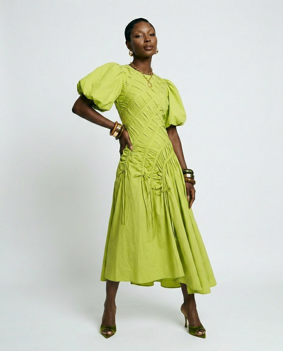 Vibrant Pleated Puff Sleeve Dress