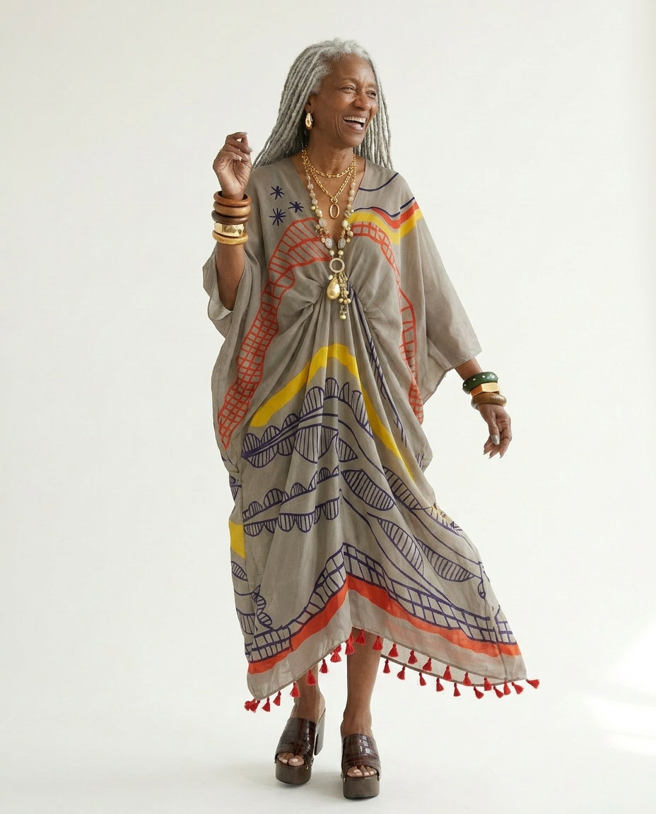 Wanderlust Graffiti Print Tassel Kaftan